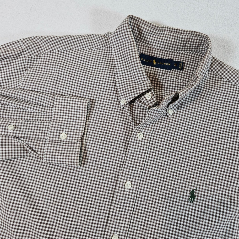 Ralph Lauren Button Down Shirt Mens XL Brown Gingham Check Stretch Long Sleeve
